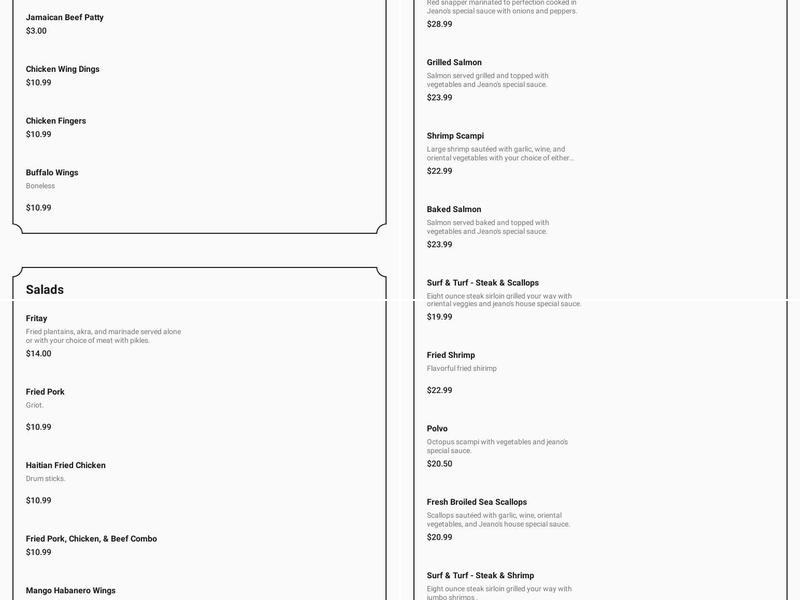 Jeano's Restaurant Menu