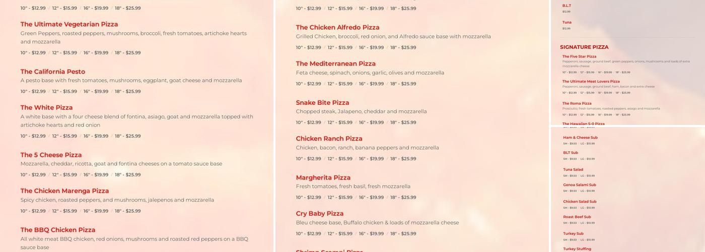 Five Star Pizza Menu