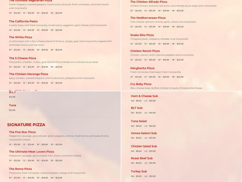 Five Star Pizza Menu