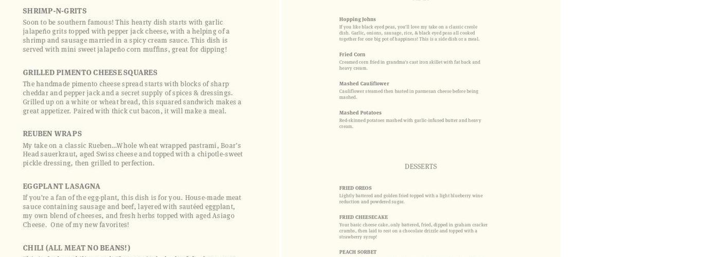 The Painted Chef Menu