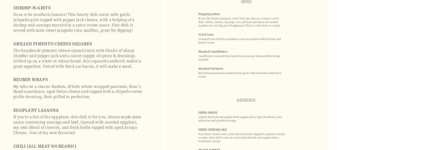 The Painted Chef Menu