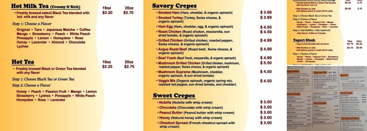 Blend Tea and Crepe Lounge Menu