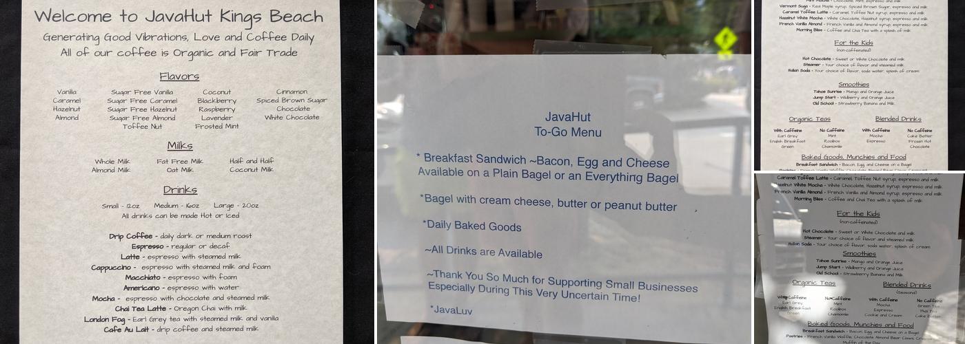 JavaHut Kings Beach Menu