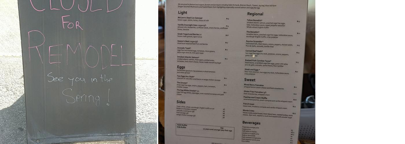 Sierra Cafe at the Hyatt Regency Lake Tahoe Menu