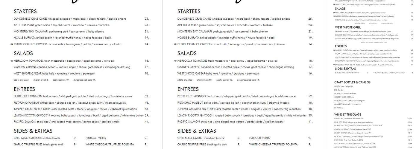 West Shore Cafe and Inn Menu