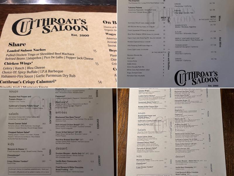Cutthroat's Saloon Menu