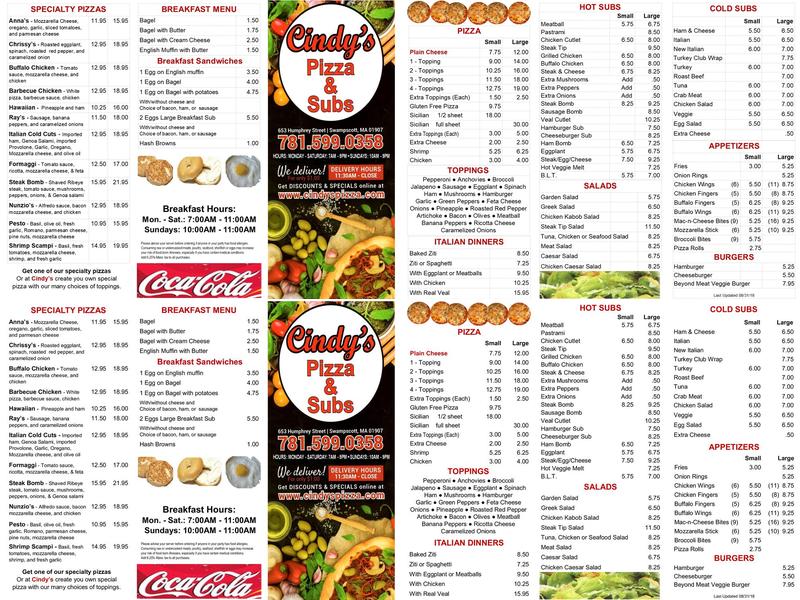 Cindy's Pizza & Subs Menu