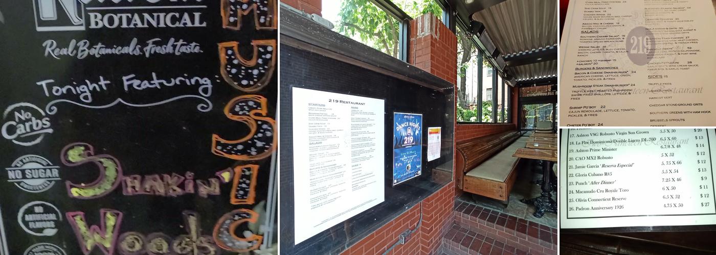 Two Nineteen Restaurant Menu