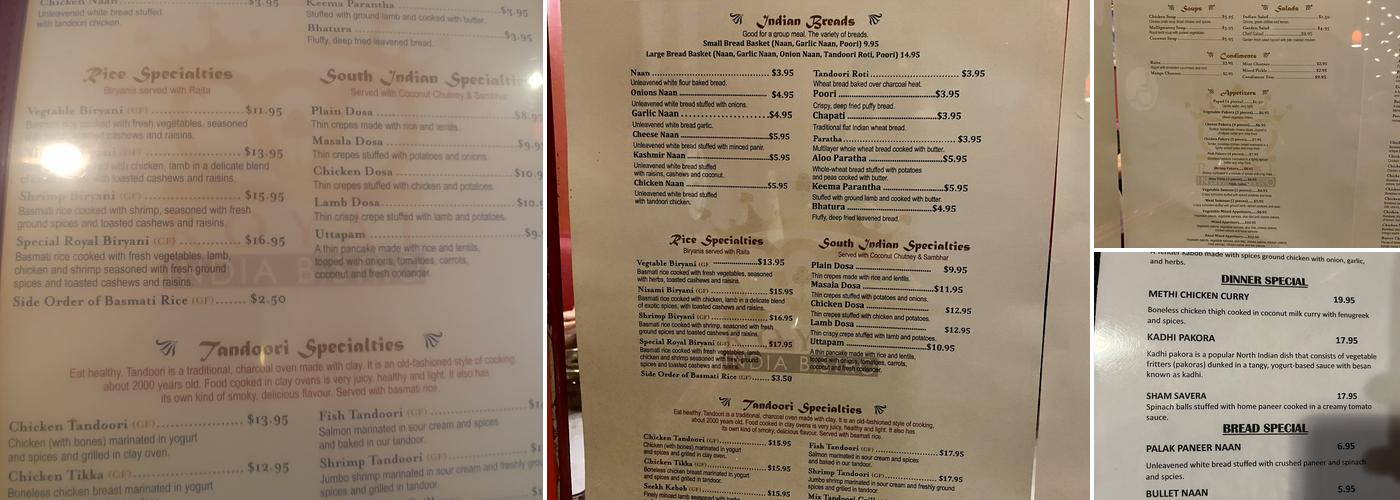 Royal India Bistro Menu