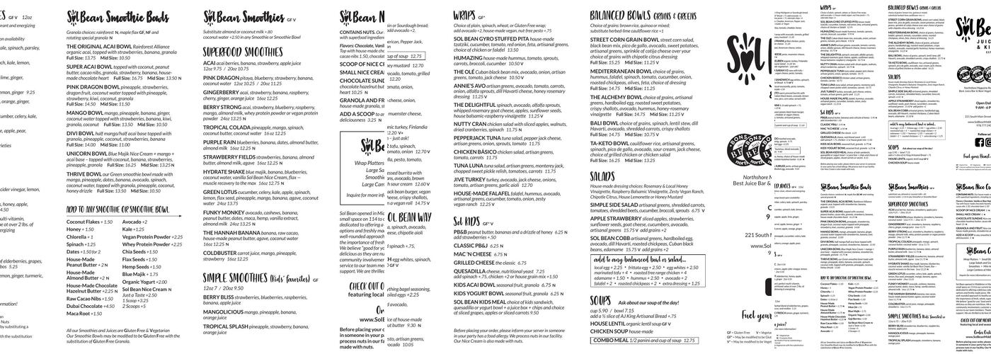 Solbean Menu