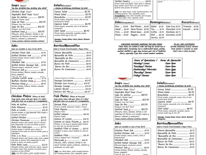 Bella Luna Restaurant Menu