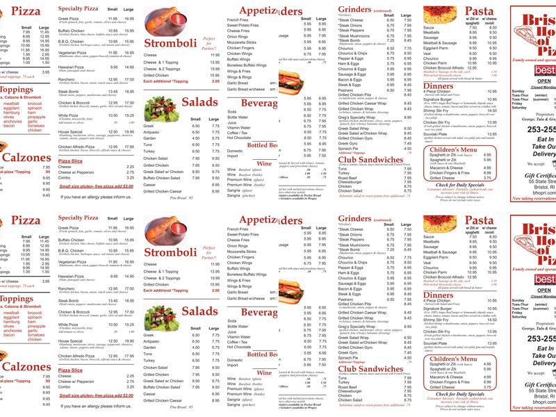 Bristol House of Pizza Menu