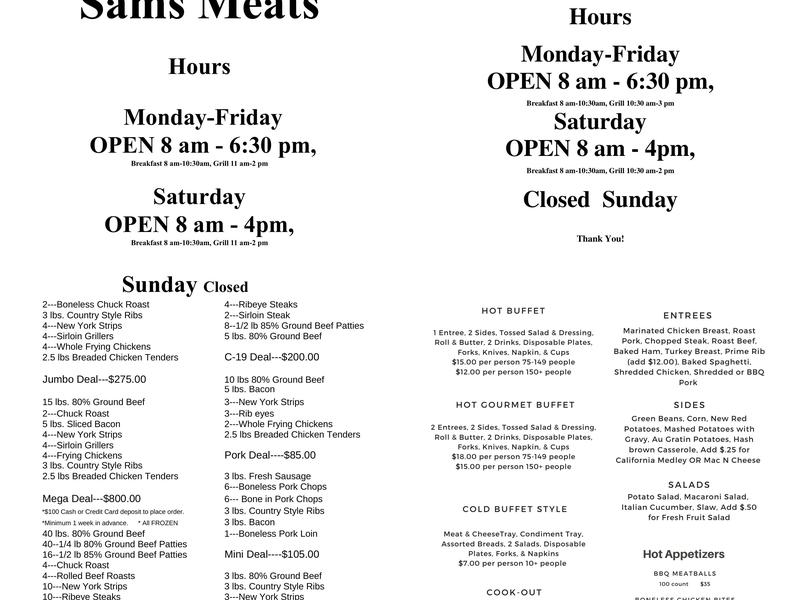Sams Meats & Deli Menu
