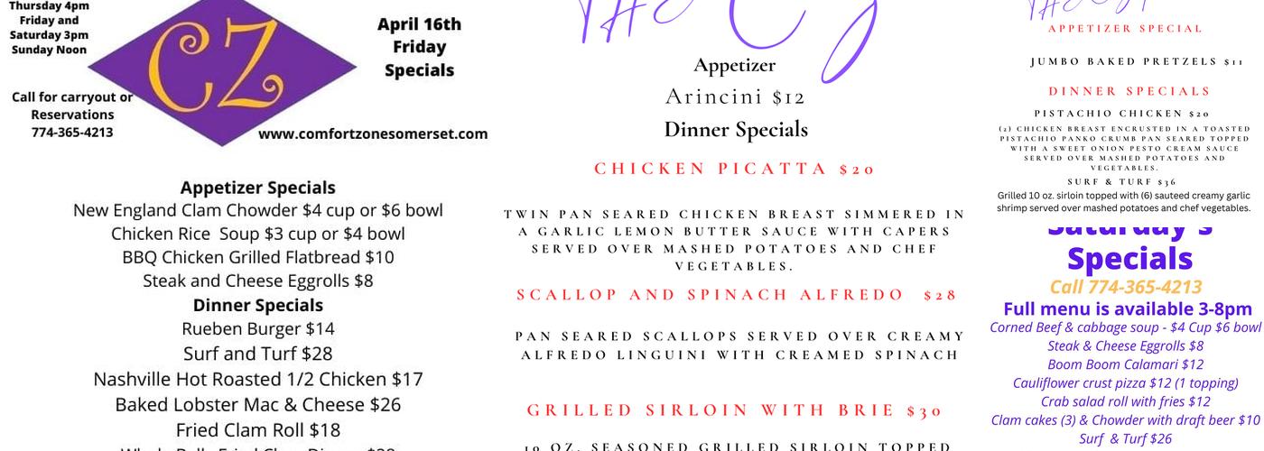 Comfort Zone Grille & Bar Menu