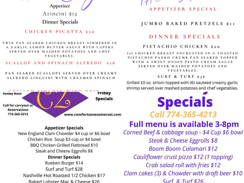 Comfort Zone Grille & Bar Menu