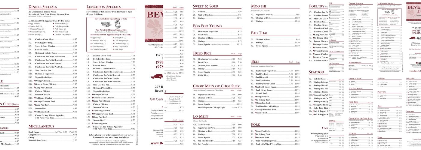 Beverly Jade Chinese Restaurant Menu