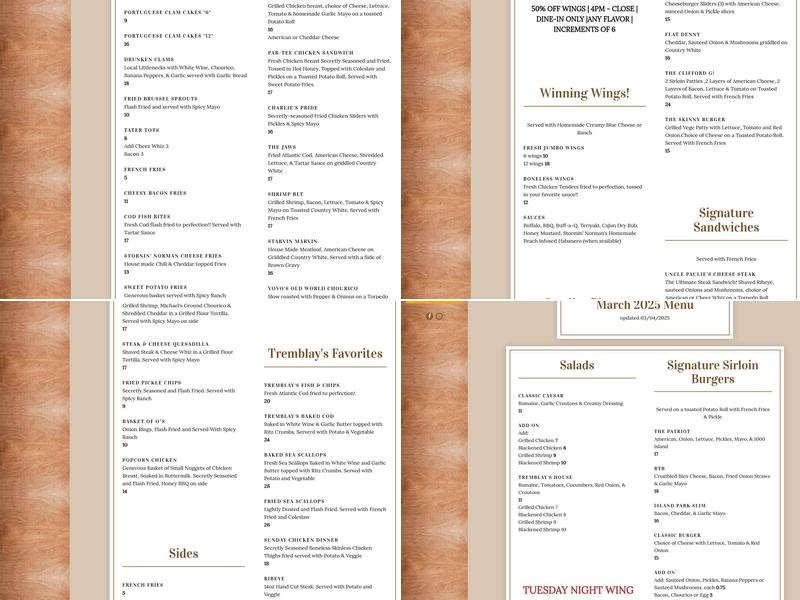Tremblay's Bar and Grill Menu