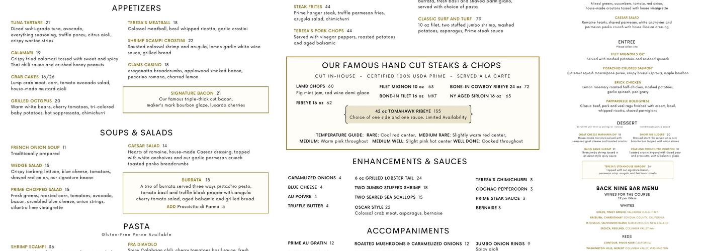 Teresa's Prime Steakhouse Menu