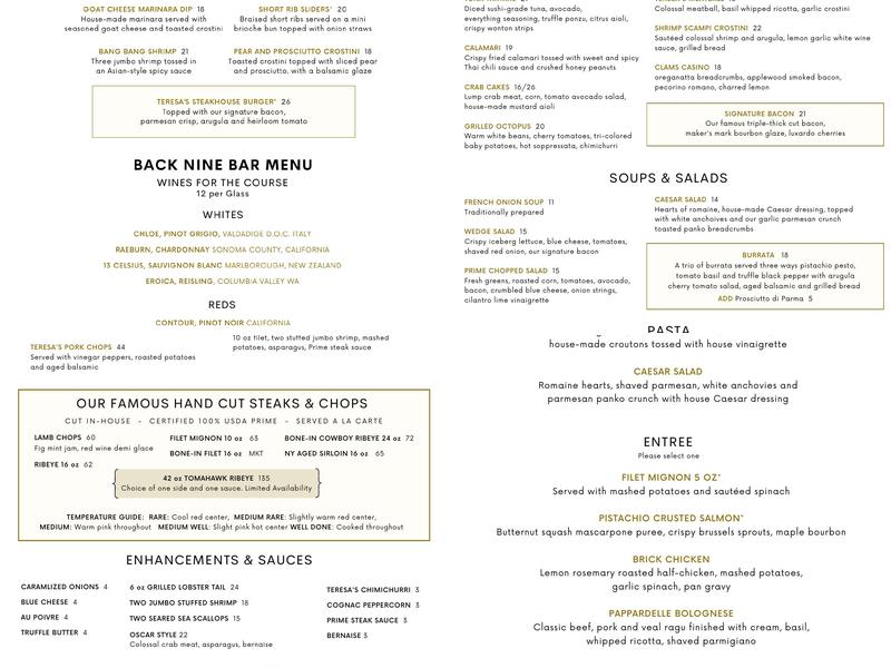 Teresa's Prime Steakhouse Menu
