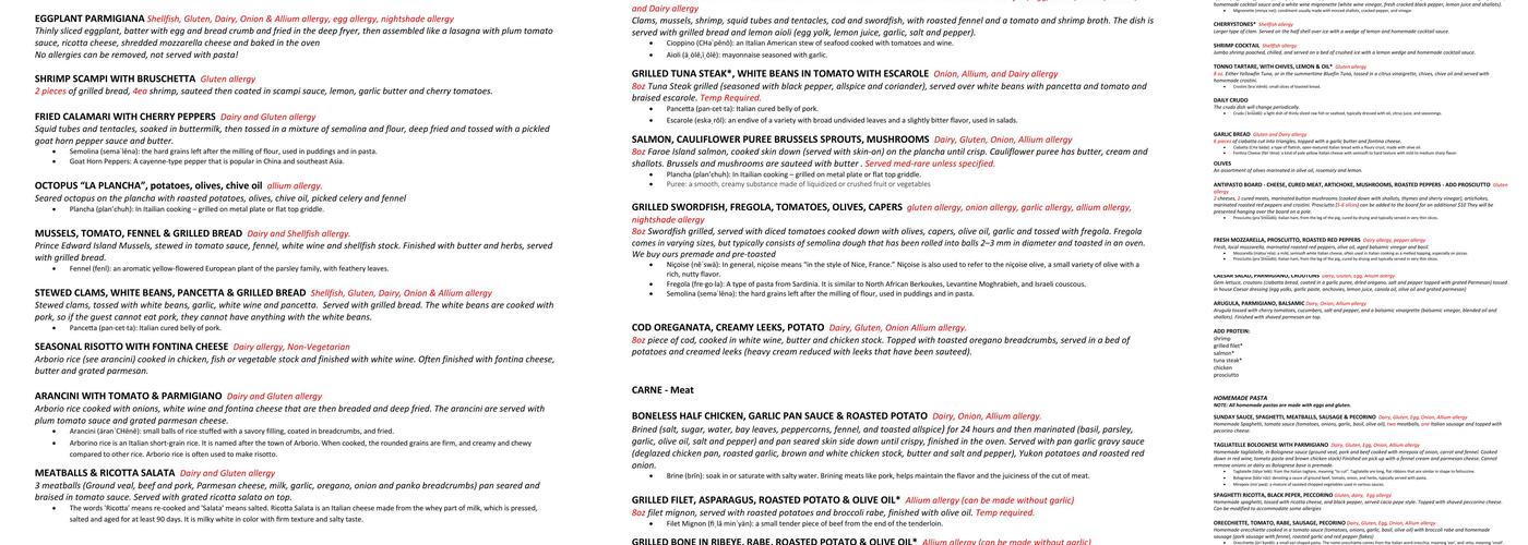 Tonno Gloucester Menu