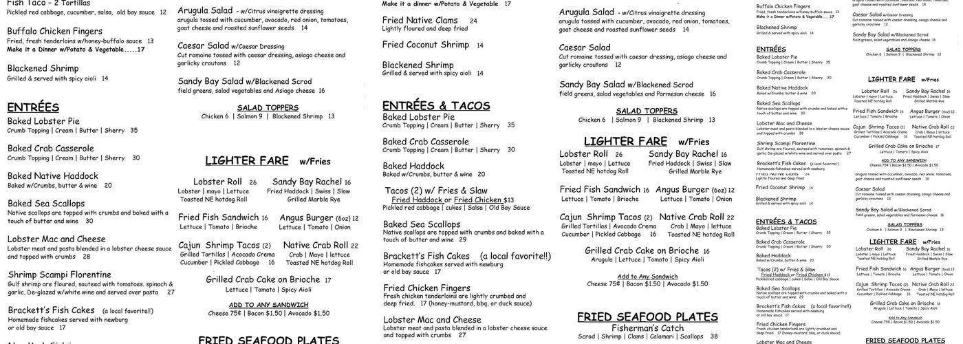 Brackett's Oceanview Restaurant Menu
