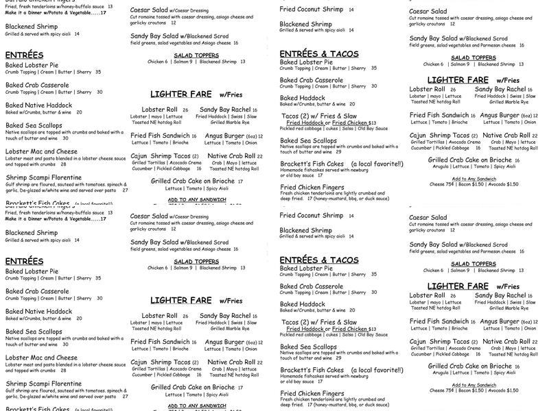 Brackett's Oceanview Restaurant Menu