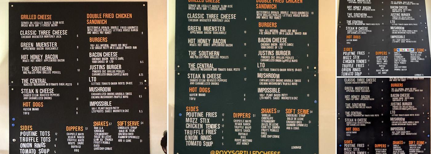 Roxy's Grilled Cheese & Burgers Menu