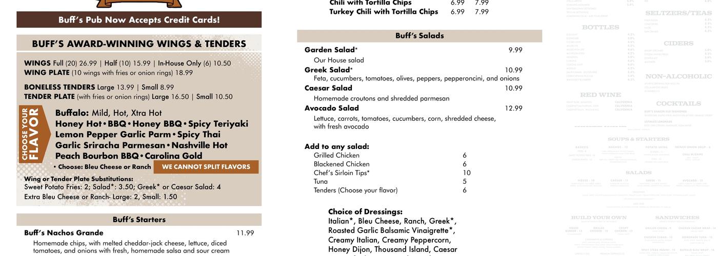 Buff's Pub Menu