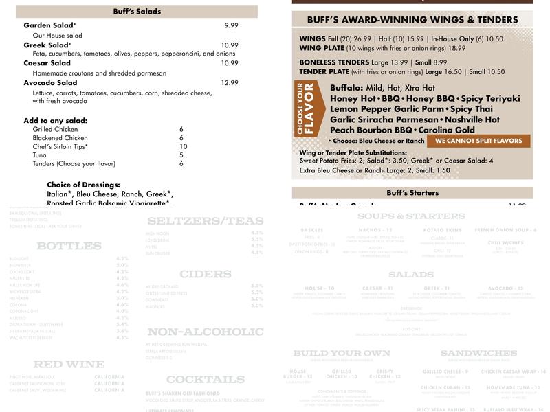 Buff's Pub Menu