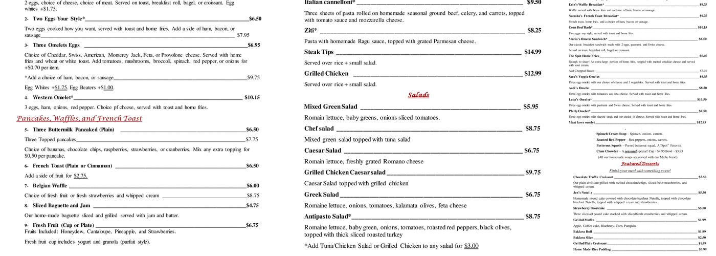Spot Cafe Menu