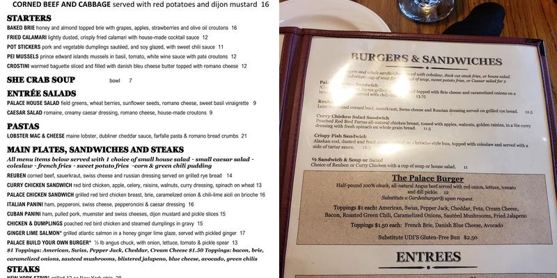 The Palace Restaurant Menu