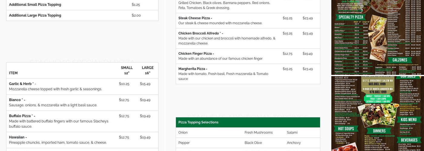 Stachey's Pizza Menu