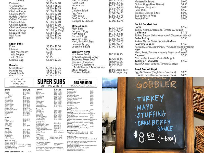 Super Subs of Ipswich Menu