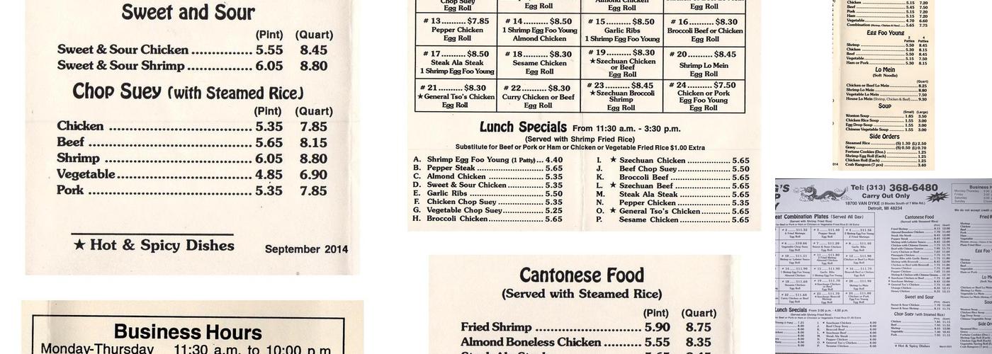 Wing's Chop Suey Chinese Food Restaurant Menu
