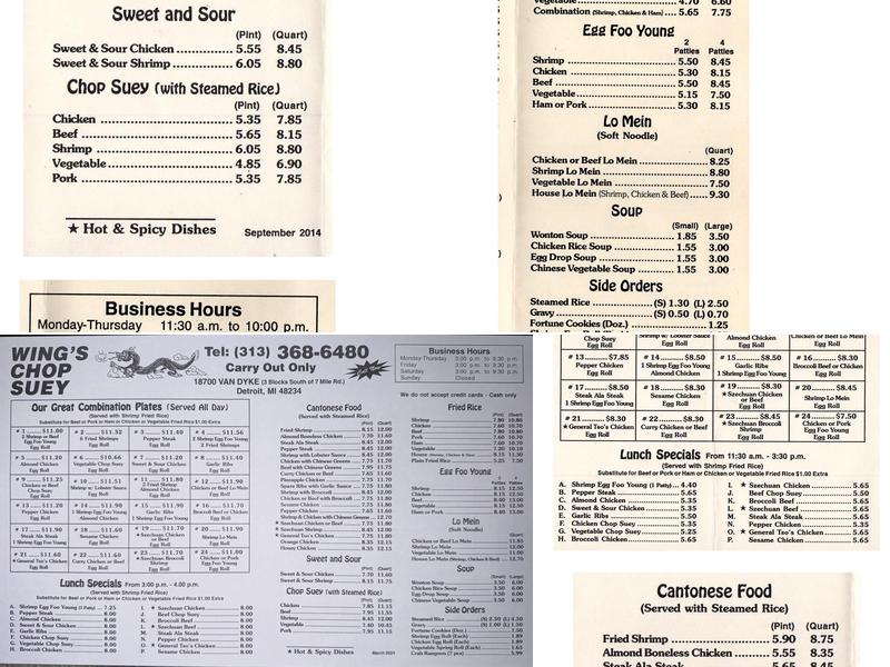 Wing's Chop Suey Chinese Food Restaurant Menu
