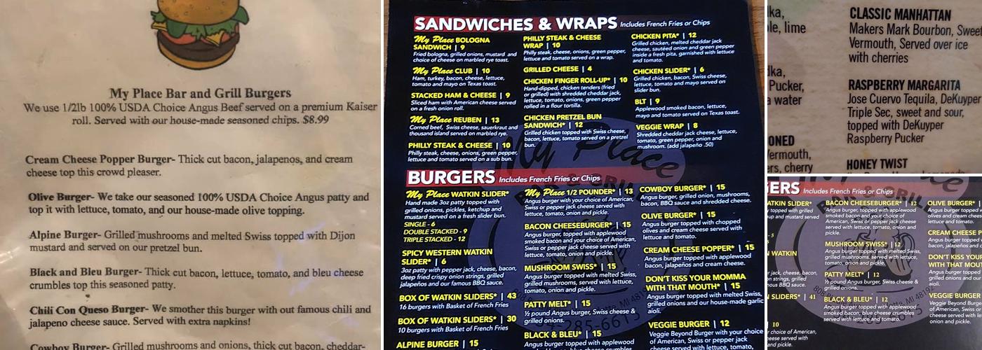 My Place Bar & Grill Menu