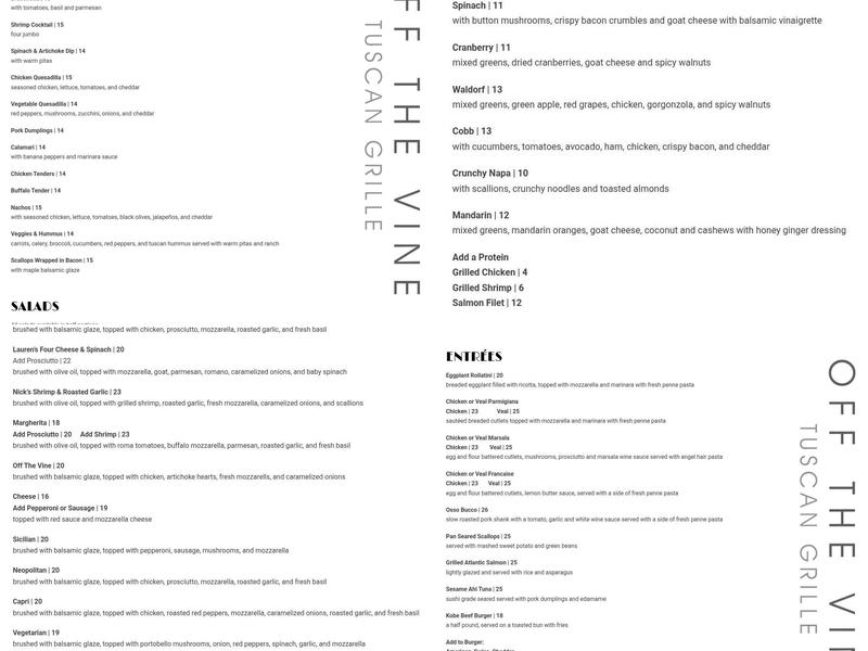 Off the Vine Tuscan Grille Menu