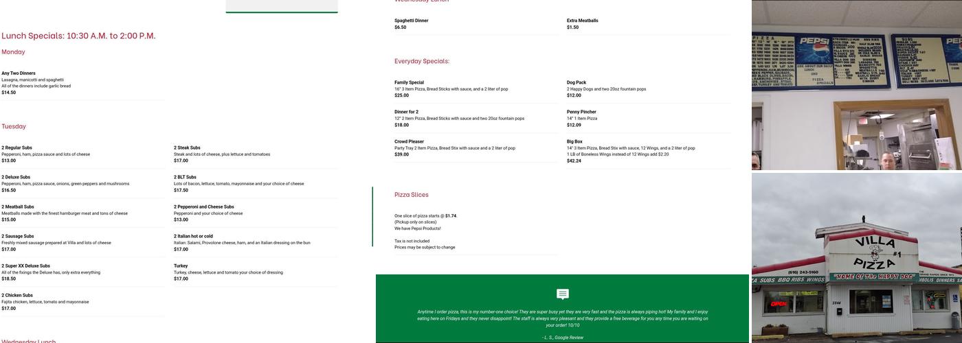 Villa Pizza No 1 Menu