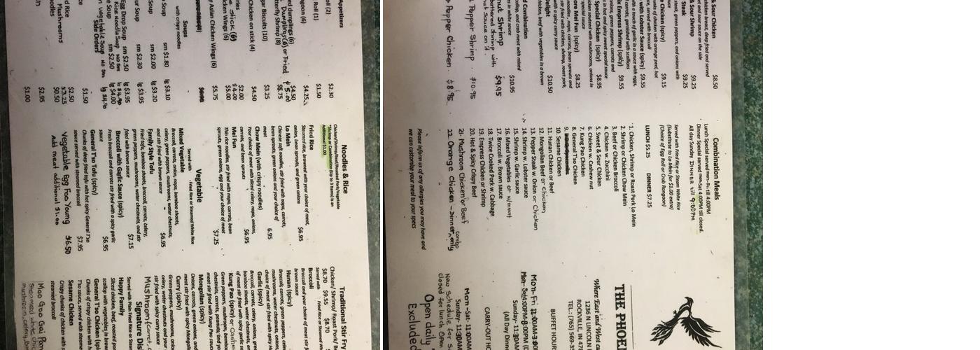 The Phoenix Orient Restaurant Menu