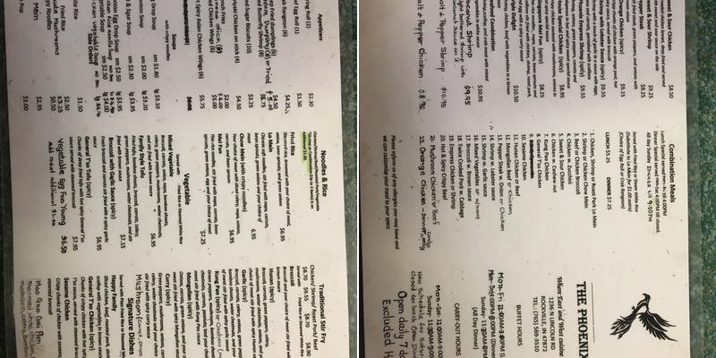 The Phoenix Orient Restaurant Menu