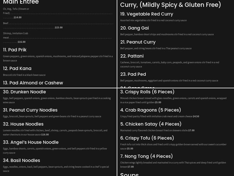 Angel's Thai Cafe Menu