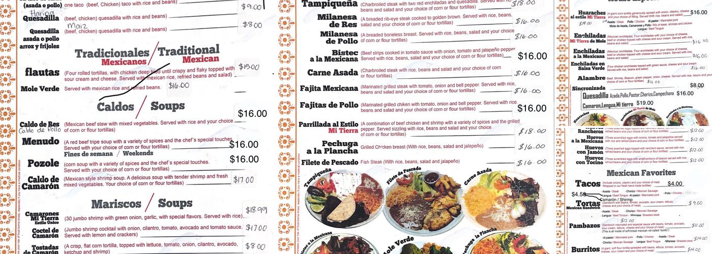 Mi Tierra Restaurant Menu