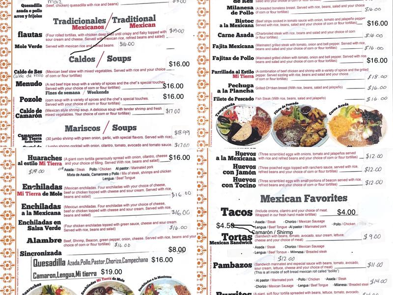 Mi Tierra Restaurant Menu