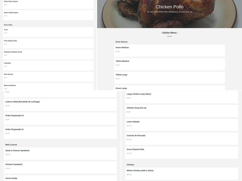 Chicken Pollo Menu