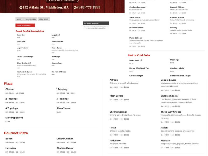 Charlie's Roast Beef Menu