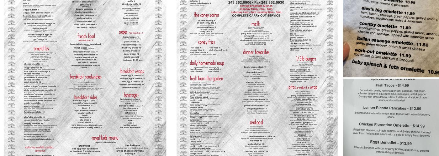 Alex's Royal Grill Menu