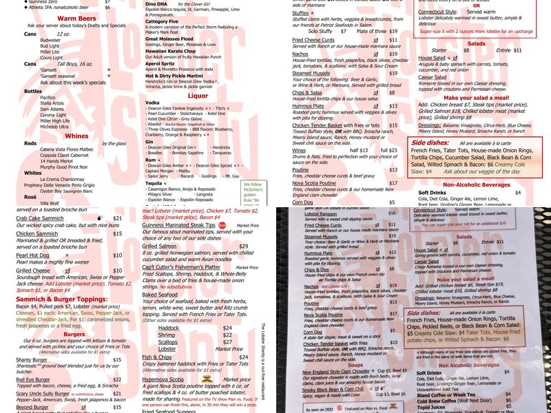 The Lobster Shanty Menu