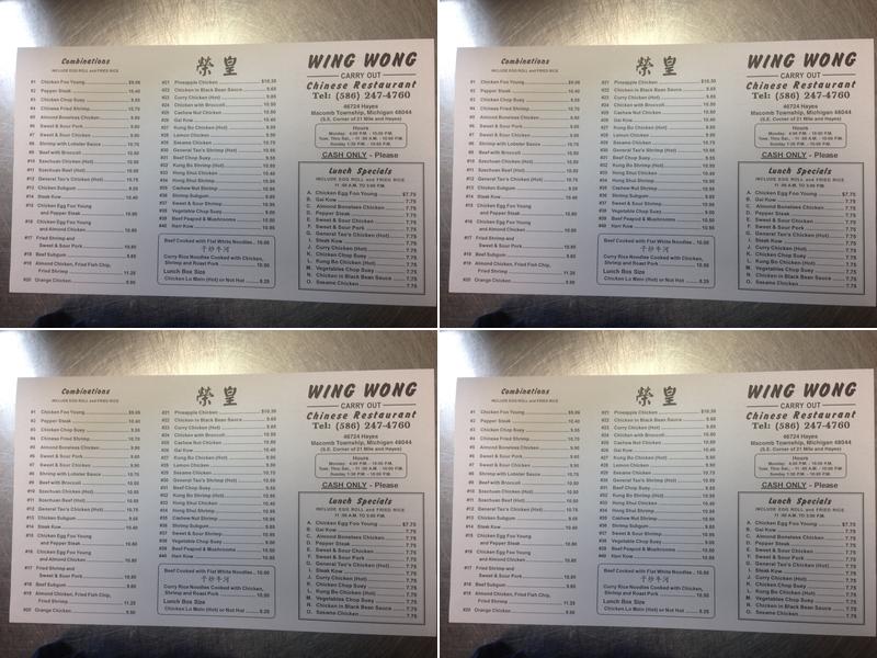 Wing Wong Carryout Restaurant Menu