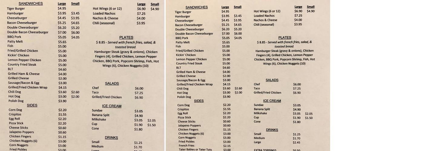 Lemley's Tiger Hut Menu