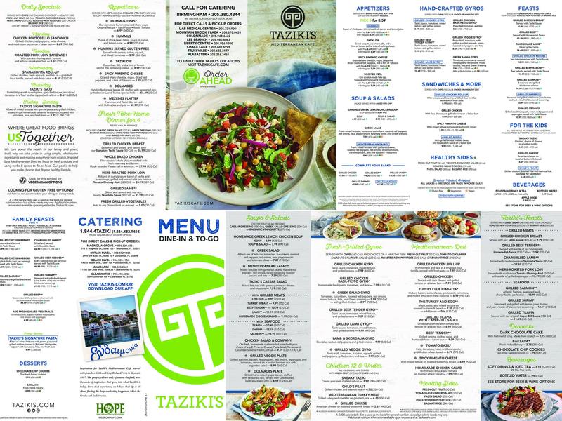 Taziki's Mediterranean Cafe - Lee Branch Menu